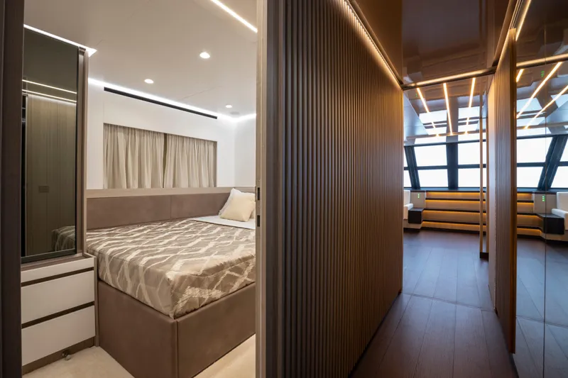  Yacht Photos Pics Luxurious interior of 2025 MandaYachts 07 SPIDER, featuring modern bedroom and hallway design.