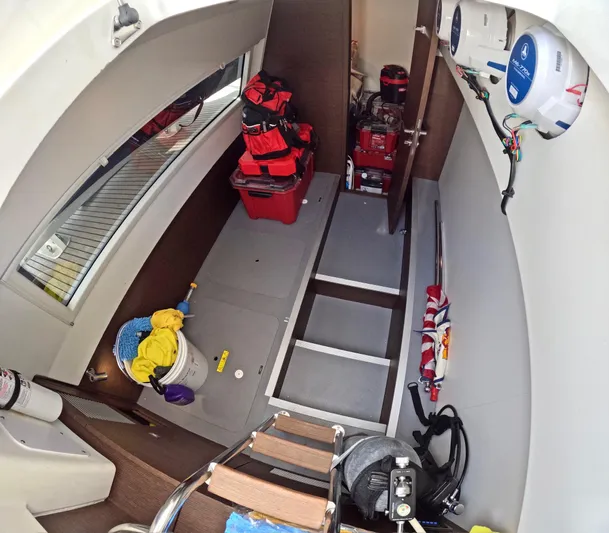  Yacht Photos Pics Interior of a 2019 Prestige 520 yacht, featuring storage and equipment.