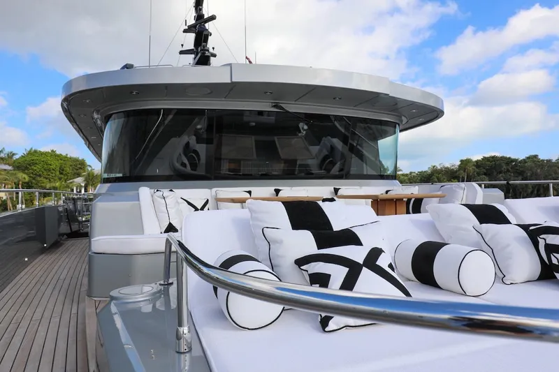  Yacht Photos Pics Luxurious 2025 Majesty 120 yacht with elegant deck seating and modern design.