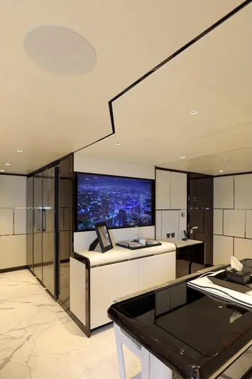  Yacht Photos Pics Luxurious interior of 2025 Majesty 120 yacht with modern design and elegant furnishings.