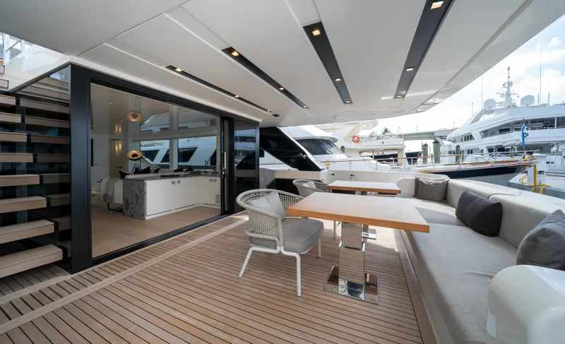 Clic - Sl96a/764 Yacht Photos Pics Luxurious 2022 Sanlorenzo SL96A yacht deck with modern seating and dining area.