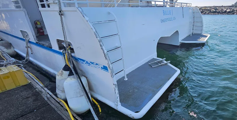 Billie J Yacht Photos Pics High-speed passenger boat docked, Custom model, 2008, with visible boarding platform and safety equipment.