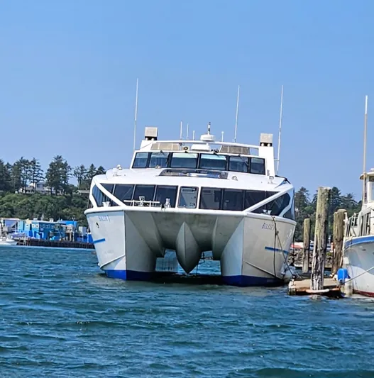 Billie J Yacht Photos Pics High-speed passenger ferry docked, Custom model, 2008, clear blue sky, waterfront setting.