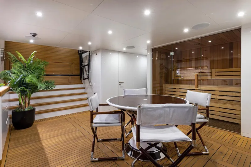  Yacht Photos Pics Luxurious Benetti B.NOW 2022 yacht interior with elegant seating and sauna.