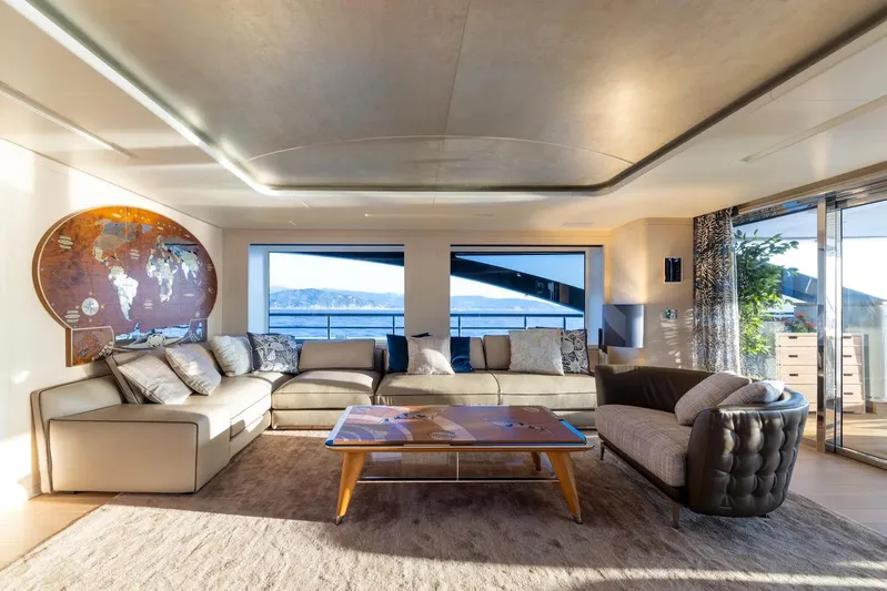  Yacht Photos Pics Luxurious Benetti B.NOW 2022 yacht interior with elegant seating and ocean view.
