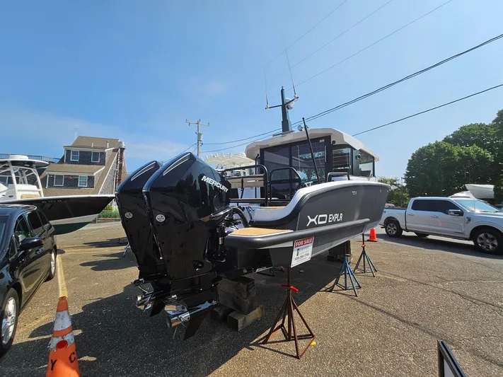  Yacht Photos Pics 2023 XO Boats EXPLR 10 Sport Plus with twin Mercury engines on display.