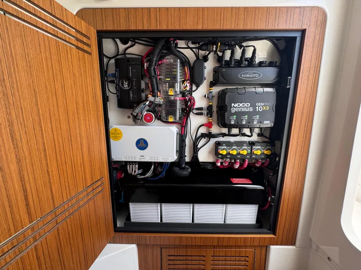 Call Today! 32 #55 Yacht Photos Pics Electrical panel inside 2025 Solace 32 CS boat, featuring NOCO Genius charger and wiring.