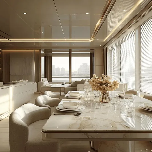  Yacht Photos Pics Luxurious dining area on 2027 Bering BC80 yacht with elegant decor and city view.