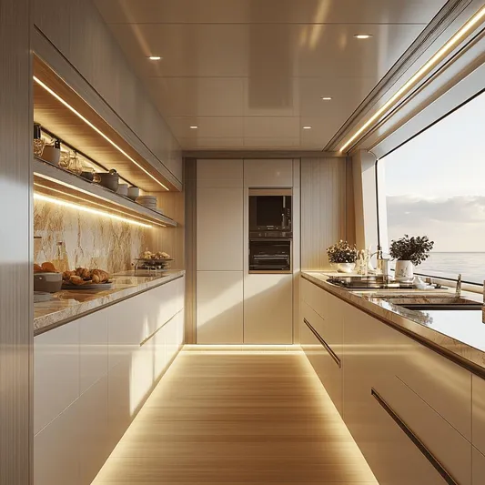  Yacht Photos Pics Luxurious modern kitchen on 2027 Bering BC80 yacht with sleek design and ocean view.