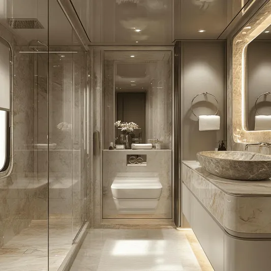  Yacht Photos Pics Luxurious Bering BC80 2027 yacht bathroom with marble finishes and elegant lighting.