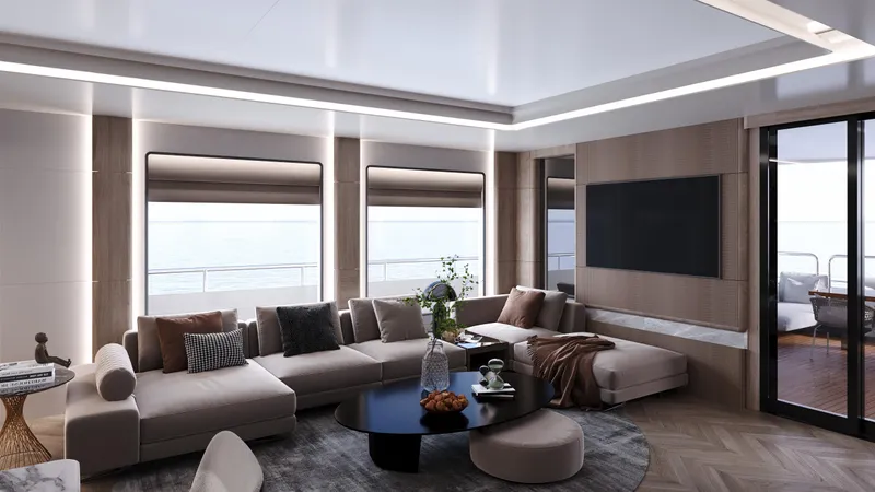  Yacht Photos Pics Luxurious interior of 2027 Bering BC80 yacht with modern furnishings and ocean view.