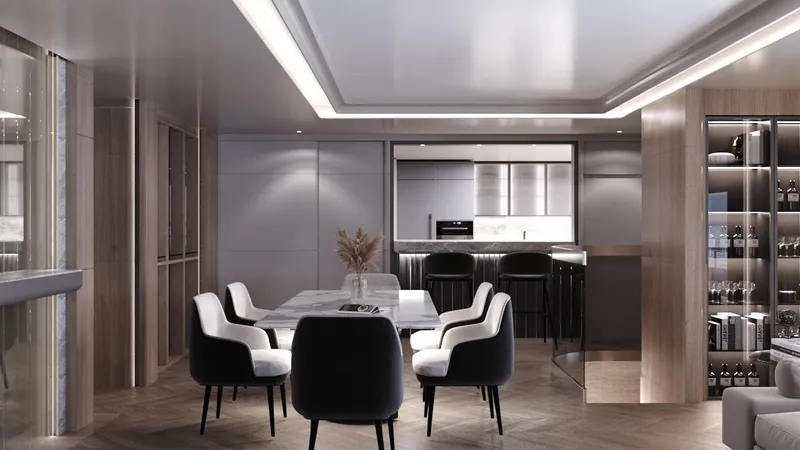  Yacht Photos Pics Luxurious interior of 2027 Bering BC80 yacht with modern dining and kitchen area.