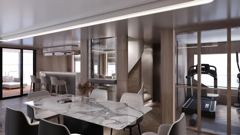  Yacht Photos Pics Luxurious interior of 2027 Bering BC80 yacht with modern dining area and fitness room.
