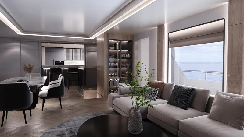  Yacht Photos Pics Luxurious interior of 2027 Bering BC80 yacht with modern living area and ocean view.