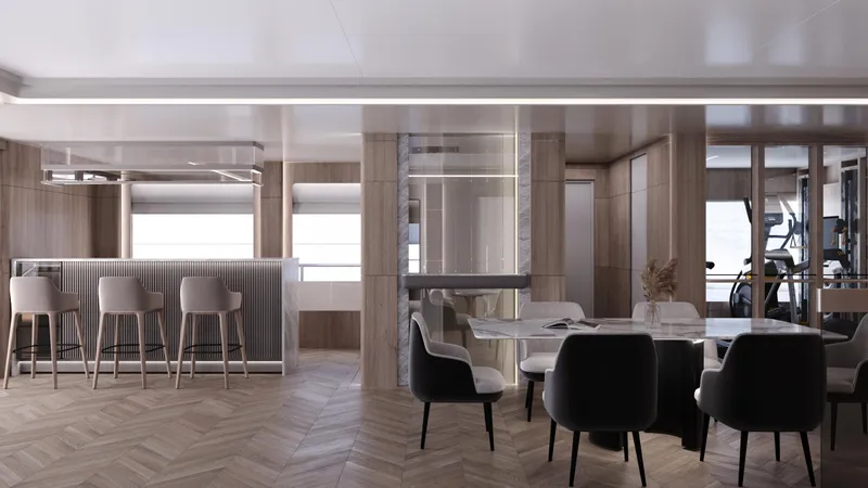  Yacht Photos Pics Luxurious interior of 2027 Bering BC80 yacht with modern dining and bar area.