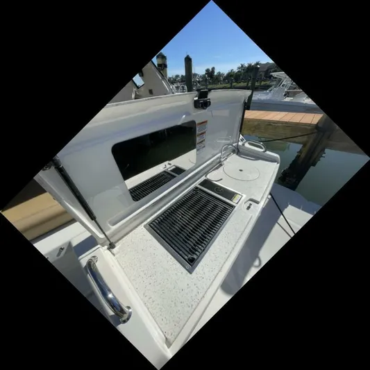 Tin Cup Chalice Yacht Photos Pics Outdoor kitchen on 2019 Sea Ray Sundancer 350 Coupe yacht, featuring grill and sink.