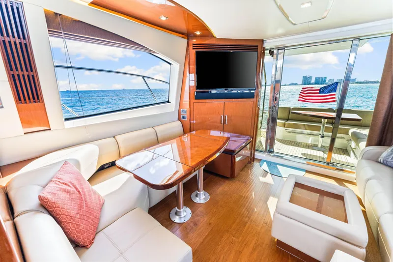 Kokomo Yacht Photos Pics Luxurious interior of 2016 Sea Ray 510 Fly yacht with ocean view and American flag.