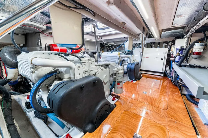 Kokomo Yacht Photos Pics Engine room of 2016 Sea Ray 510 Fly yacht, showcasing machinery and equipment.