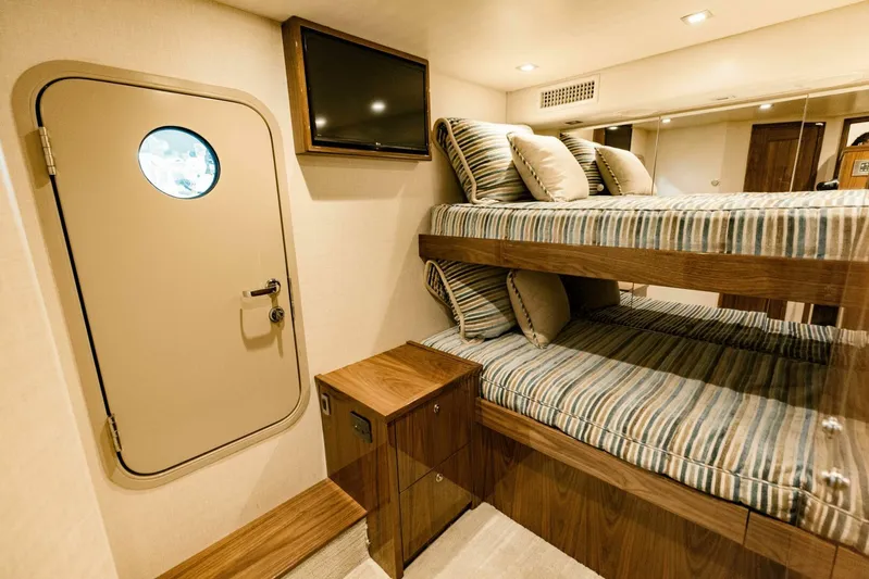 Sari Victoria Yacht Photos Pics Luxurious 2020 Viking 72 yacht cabin with bunk beds and modern decor.