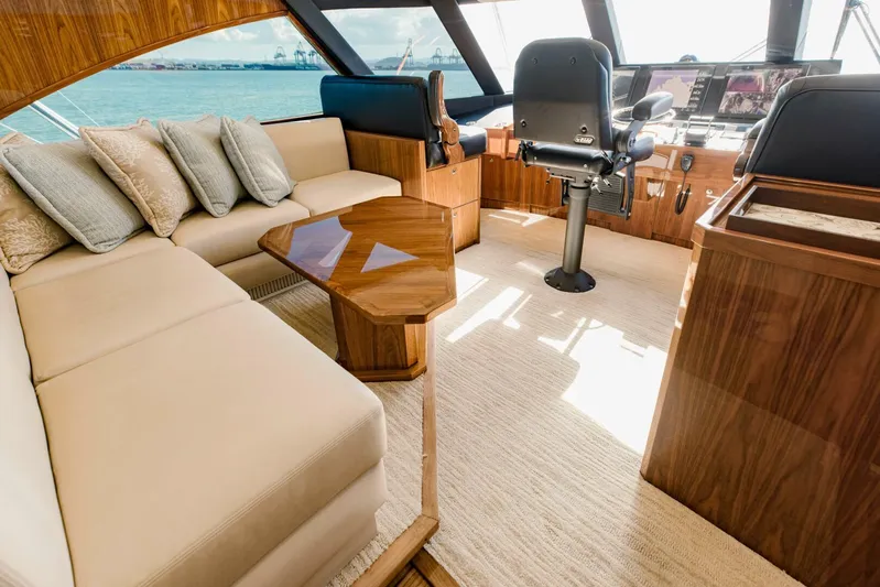 Sari Victoria Yacht Photos Pics Luxurious interior of 2020 Viking 72 yacht with plush seating and modern helm.
