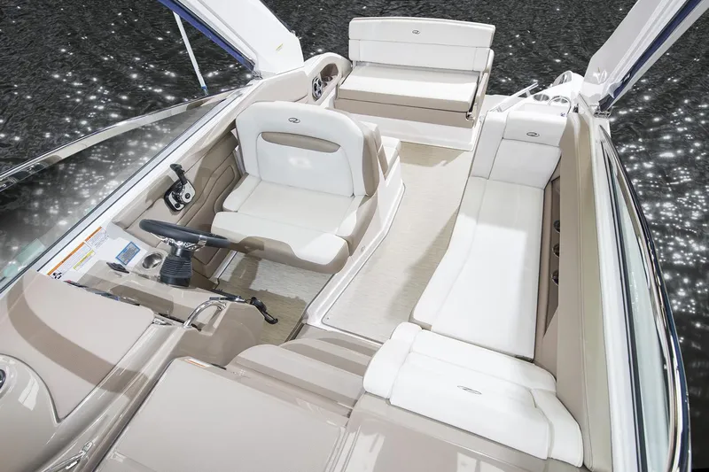 Don't Ask Yacht Photos Pics Manufacturer Provided Image: 2018 Regal 28 Express boat interior with white and beige seating.