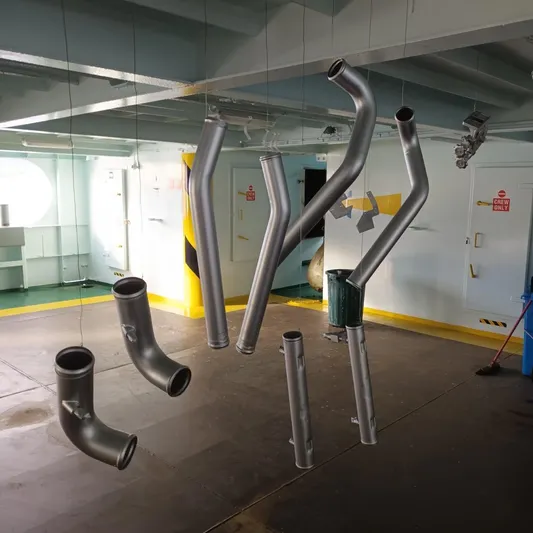 Three Wishes Yacht Photos Pics Hanging metal pipes in a ship's interior, Bertram 36 sf, 2000 model.