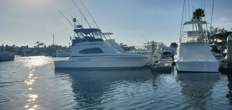 Mai Time Yacht Photos Pics 2001 Bertram 390 Convertible yacht docked in a sunny marina.