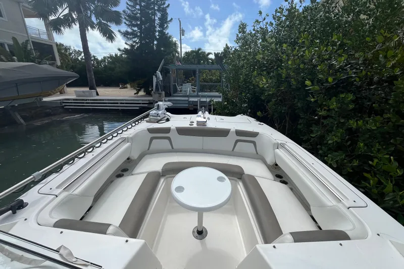  Yacht Photos Pics 2020 World Cat 296 DC boat with spacious seating and table, docked near lush greenery.