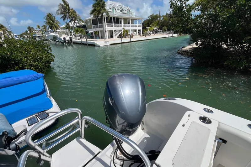  Yacht Photos Pics World Cat 296 DC boat docked in a scenic canal with palm trees and houses.