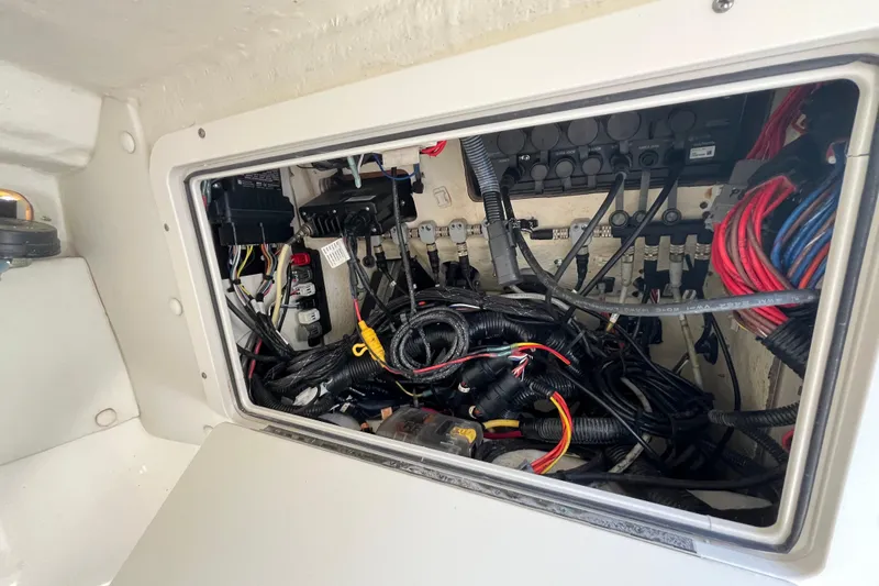  Yacht Photos Pics Electrical wiring compartment of a 2020 World Cat 296 DC boat.