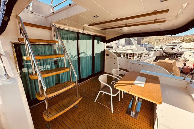  Yacht Photos Pics Luxurious 2014 Fairline Squadron 65 yacht deck with seating and staircase.