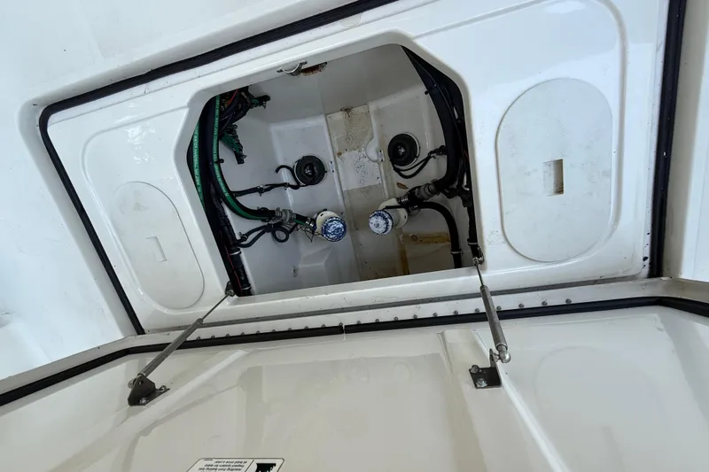  Yacht Photos Pics Open hatch of 2015 Hydra-Sports 3400 CC boat showing internal components and wiring.