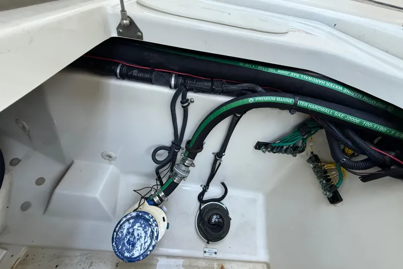  Yacht Photos Pics 2015 Hydra-Sports 3400 CC boat wiring and plumbing details in compartment.