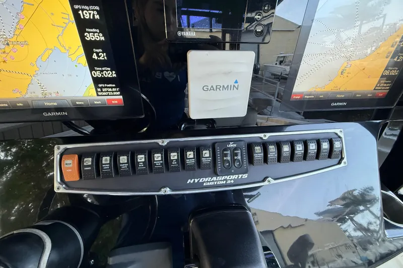  Yacht Photos Pics Hydra-Sports 3400 CC 2015 dashboard with Garmin navigation and control panel.