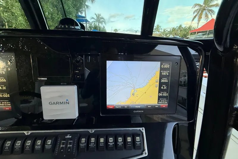 Yacht Photos Pics Garmin navigation system on 2015 Hydra-Sports 3400 CC boat dashboard.