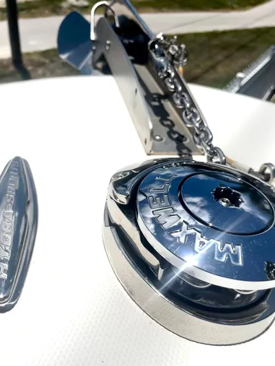  Yacht Photos Pics Close-up of a 2015 Hydra-Sports 3400 Center Console boat anchor and winch.