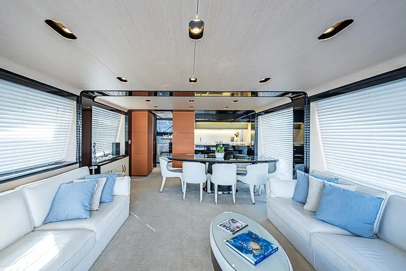 Lucky 7 Yacht Photos Pics Luxurious interior of 2017 Azimut 80 yacht with modern seating and elegant decor.