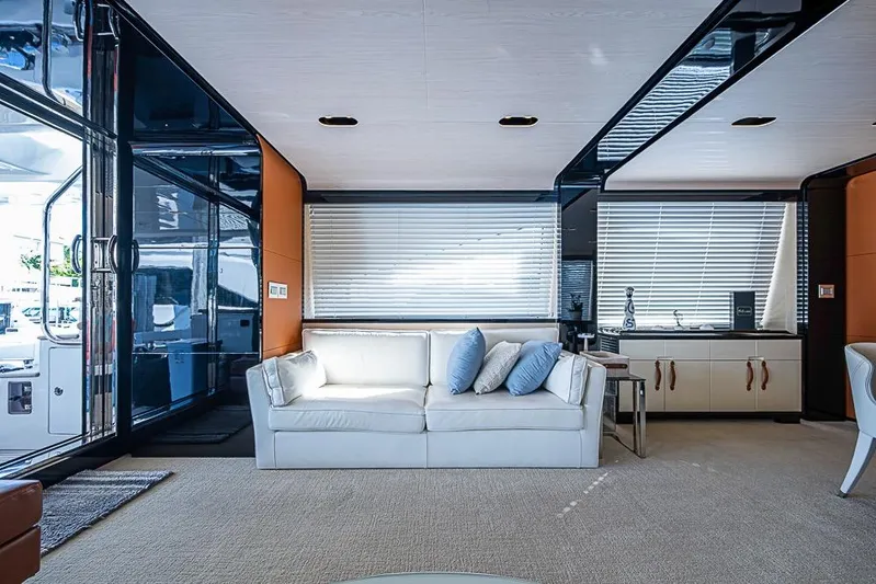 Lucky 7 Yacht Photos Pics Luxurious interior of 2017 Azimut 80 yacht with modern decor and comfortable seating.