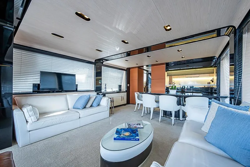 Lucky 7 Yacht Photos Pics Luxurious interior of 2017 Azimut 80 yacht with modern furnishings and elegant decor.