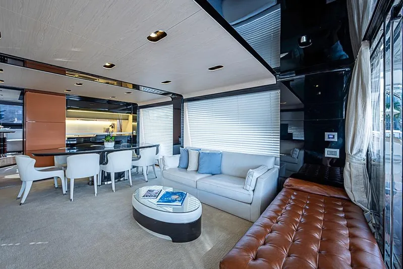 Lucky 7 Yacht Photos Pics Luxurious interior of 2017 Azimut 80 yacht with modern seating and elegant decor.