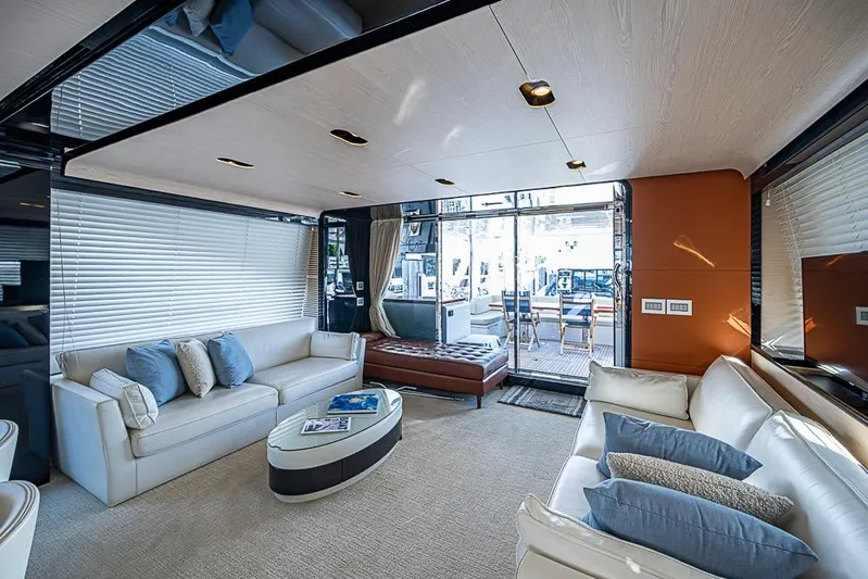 Lucky 7 Yacht Photos Pics Luxurious interior of 2017 Azimut 80 yacht with elegant seating and modern decor.