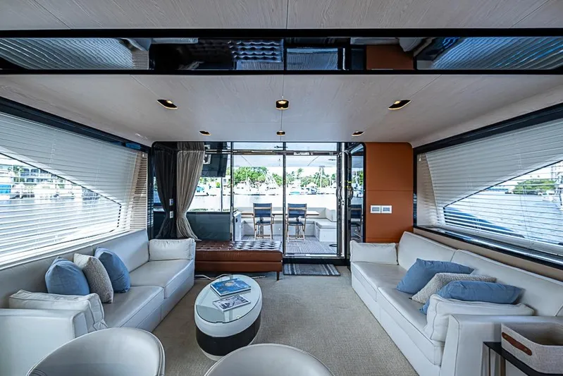 Lucky 7 Yacht Photos Pics Luxurious interior of 2017 Azimut 80 yacht with elegant seating and panoramic windows.