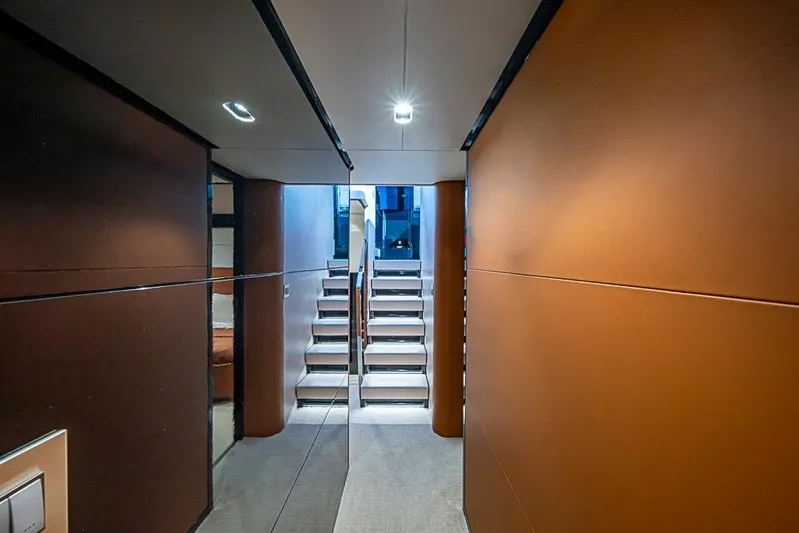 Lucky 7 Yacht Photos Pics Luxurious interior hallway of 2017 Azimut 80 yacht with modern lighting and sleek design.