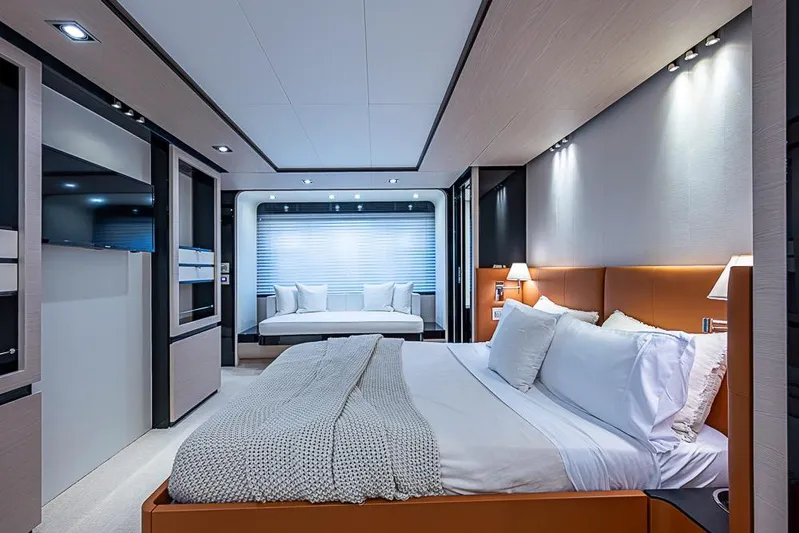 Lucky 7 Yacht Photos Pics Luxurious bedroom interior of 2017 Azimut 80 yacht with modern design and cozy ambiance.