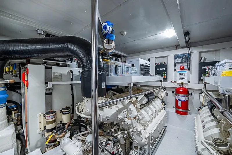 Lucky 7 Yacht Photos Pics Engine room of 2017 Azimut 80 yacht, featuring advanced machinery and safety equipment.