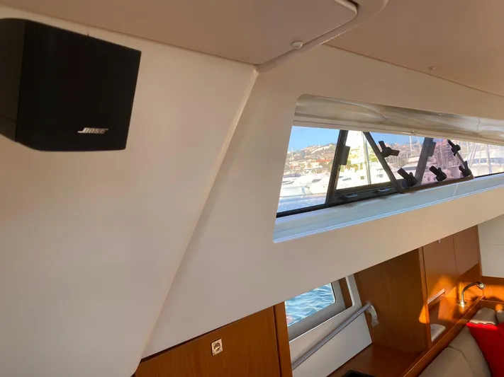  Yacht Photos Pics Interior of 2014 Beneteau Sense 50 yacht with Bose speaker and scenic window view.
