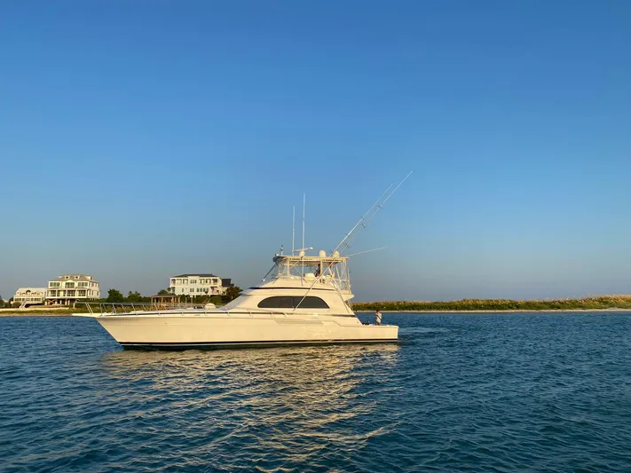 Satisfaction Yacht Photos Pics 1999 Bertram 60 Convertible yacht on calm water with coastal homes in the background.