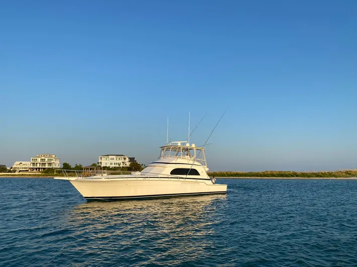 Satisfaction Yacht Photos Pics 1999 Bertram 60 Convertible yacht on calm water near shoreline.