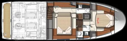 Ultima Risa Yacht Photos Pics 2016 Prestige 450 S yacht floor plan, showcasing cabin layout and engine room.