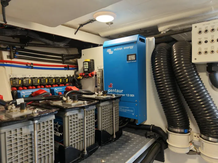 The Legacy Yacht Photos Pics 2022 Formula 500 SSC engine room with batteries and Victron Energy charger.